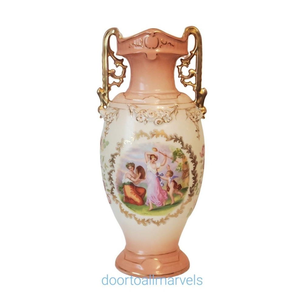 Antique Bohemian Handled Urn Vase Victoria Austria Porcelain Signed Kaufmann 12"
